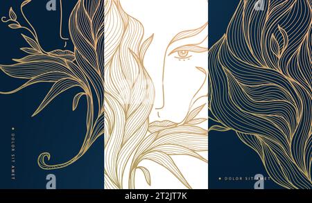 Foglie d'oro vettoriali e illustrazione del volto femminile. Set di elementi di design di etichette, cornici, inviti a nozze, storie di social network, packaging, lusso Illustrazione Vettoriale