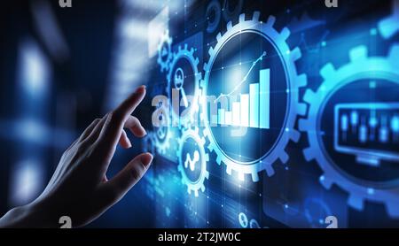 Analisi dei big data, diagrammi di analisi dei processi aziendali con ingranaggi e icone sullo schermo virtuale. Foto Stock