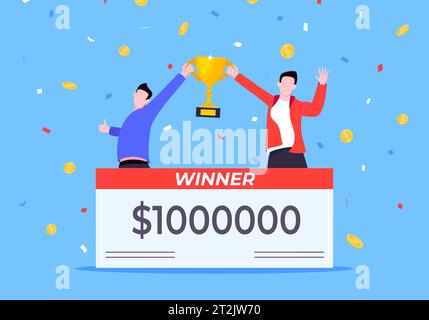 Felici vincitori della lotteria con uno stipendio da premio. Lotteria della fortuna o gioco d'azzardo del casinò concetto di giochi fortunati disegno in stile piatto illustrazione vettoriale. People ju Illustrazione Vettoriale