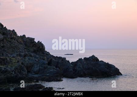 Vista aerea delle Isole Bloods e della Torre Parata, la torre genovese costruita nel 1608, Corsica. Francia. Tramonto sul mare sul porfido rosso scuro Foto Stock