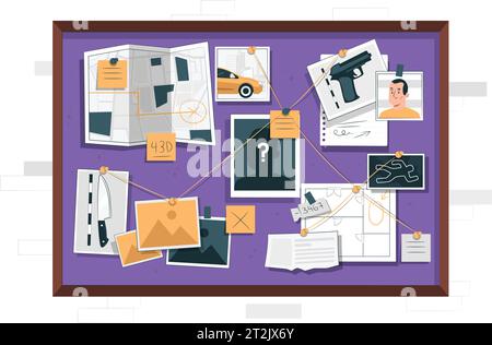 Detective Board con spille e prove, investigazioni sul crimine. Illustrazione Vettoriale
