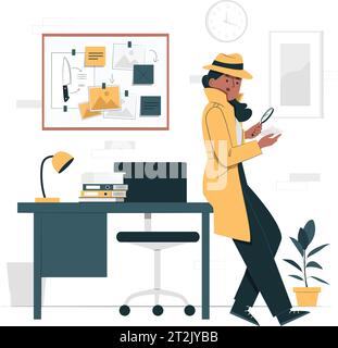Detective donna. Cartoni animati, misteriosa ragazza ispettore femminile con lente d'ingrandimento, personaggio agente segreto, agente di sorveglianza, detective Vector. Illustrazione Vettoriale