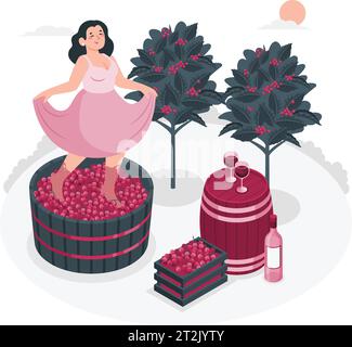 Produzione di vino in una cantina tradizionale. Il personaggio di Cartoon Woman produce vite naturale, coltiva uva biologica, produce vino. Illustrazione Vettoriale