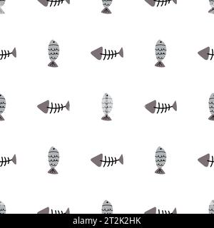 Gatto vettoriale disegnato a mano pesci da cartone animato senza cuciture e motivo osseo di pesce Illustrazione Vettoriale