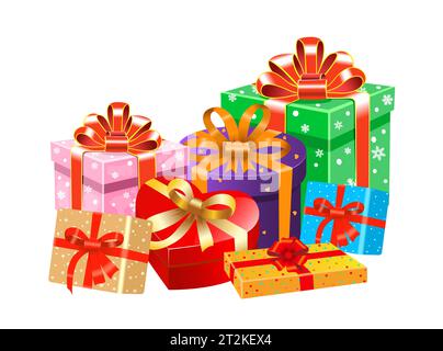 Scatole colorate brillanti per regali su sfondo bianco. Pacchetti natalizi. Illustrazione Vettoriale
