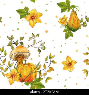 Motivo autunnale acquerello con zucche e funghi. Fiori di zucca, foglie e ramoscelli. Foto Stock