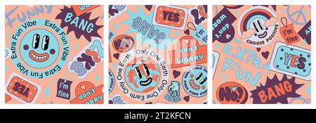 90 Set di pattern senza cuciture per collage Cool Sticker. Originale stampa Groovy con patch di colore retrò. Cartoon Fun Smile Faces, illustrazione vettoriale stile y2k. Millennium cute background. Illustrazione Vettoriale
