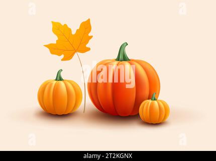 Illustrazione vettoriale delle zucche - zucche arancioni realistiche in 3d e foglia gialla - per il Ringraziamento, Halloween e le feste autunnali Illustrazione Vettoriale