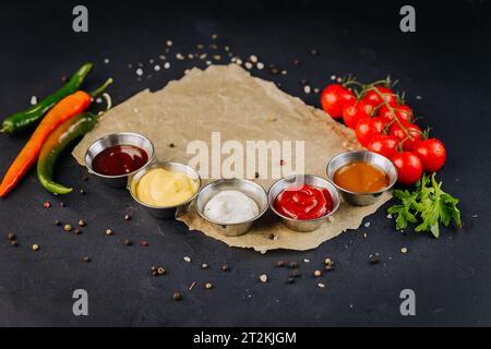 Set di diverse ciotole di varie salse, su fondo scuro servite con verdure Foto Stock