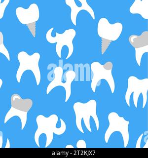 Concetto di igiene orale. Motivo senza cuciture con denti su sfondo blu. Stampa vettoriale dentale. Concetto di odontoiatria infantile. Pulizia e prevenzione dei denti Illustrazione Vettoriale