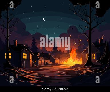 Burning House in Forest Illustrazione Vettoriale