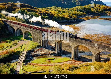 Treno a vapore Jacobite con 5 carrozze che attraversa il viadotto a 8 archi nan Uamh West Coast Scozia in autunno Foto Stock