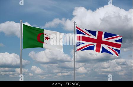 Le bandiere del Regno Unito e dell'Algeria sventolano insieme nel vento su un cielo nuvoloso blu, concetto di relazione tra due paesi Foto Stock