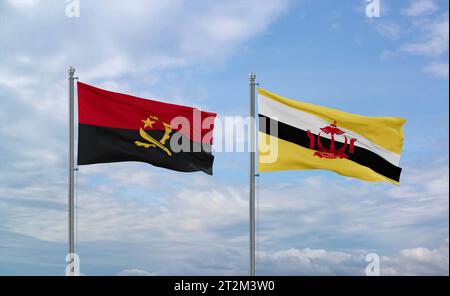 Le bandiere del Brunei e dell'Angola sventolano insieme su un cielo nuvoloso blu, due concetti di relazione country Foto Stock