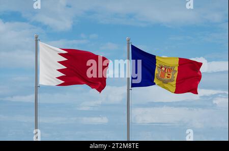 Le bandiere del Bahrein e di Andorra sventolano insieme al vento su un cielo nuvoloso blu Foto Stock