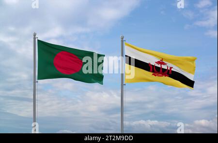 Le bandiere del Brunei e del Bangladesh sventolano insieme su un cielo nuvoloso blu, concetto di relazione tra due paesi Foto Stock