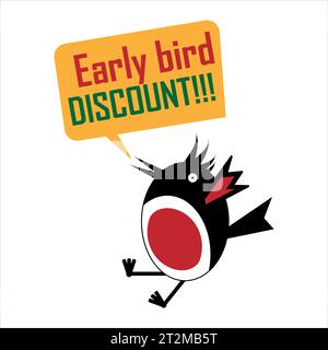 Cartoni animati uccello carino. Un allegro uccello canta e suona. Forma geometrica del banner con slogan di testo. Early Eroful Bird parla di offerte speciali. Illustrazione Vettoriale