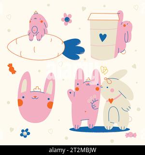 Simpatici adesivi di coniglio rosa kawaii con grafica per bambini Illustrazione Vettoriale