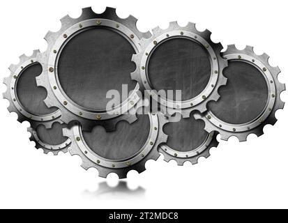 Gruppo di ingranaggi metallici vuoti (ruote dentate) con lavagna vuota all'interno e spazio per la copia. Isolato su sfondo bianco, illustrazione 3D. Foto Stock