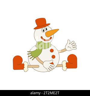 Un pupazzo di neve seduto. Illustrazione natalizia in stile retro-groovy. Vettore. Illustrazione Vettoriale