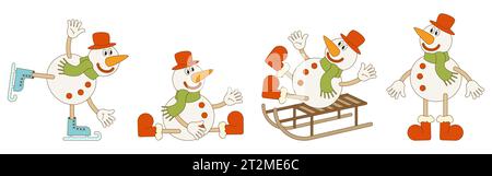 Set di pupazzi di neve natalizi in diverse pose. Illustrazione vettoriale in stile retrò alla moda. Sfondo bianco. Illustrazione Vettoriale