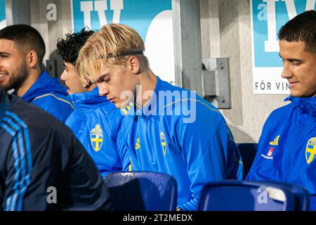 Falkenberg, Svezia. 13 ottobre 2023. Lucas Bergvall, svedese, ha visto prima dell'incontro di qualificazione DELL'EURO U21 tra Svezia e Moldavia alla Falcon non-alcolica Arena di Falkenberg. (Foto: Gonzales Photo - Amanda Persson). Foto Stock