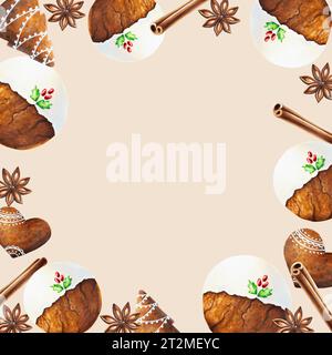 Cornice natalizia ad acquerello con biscotti croccanti di pan di zenzero con glassa, cannella e stelle di anice. Capodanno dipingendo a mano spezie isolate su fondo bianco Foto Stock