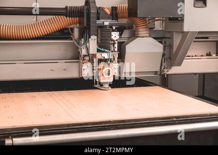 Tagliatrice laser che taglia il foglio di legno. Concetto di produzione ad alta tecnologia. Foto Stock