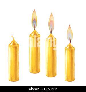 Candele natalizie color oro acquerello con fiamma e lume di candela. Elementi isolati su sfondo bianco Foto Stock