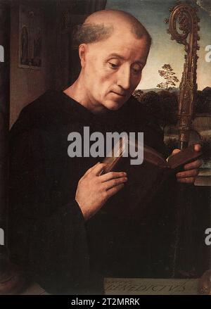 Benedetto di Nursia. Ritratto di San Benedetto come raffigurato nel Trittico Benedetto Portinari, di Hans Memling, olio su tavola, 1487 Foto Stock