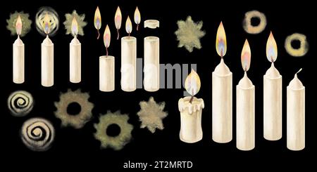 Candele di Natale bianche ad acquerello con fiamma e luce di candela. Elementi isolati su sfondo bianco Foto Stock