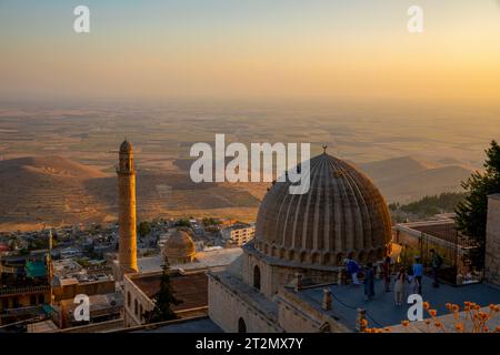 Tetto della Zinciriye Medresesi o Sultan Isa Madrasa al crepuscolo a Mardin, Foto Stock