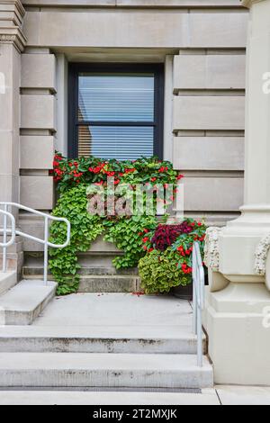 Green ivy and ivy with pink and green leaves growing on windowsill with red flowers near steps Foto Stock
