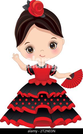 Vector Cartoon Image of Little Girl Dancing Flamenco Illustrazione Vettoriale