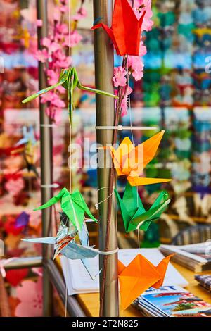 Primo piano delle gru origami con fiori di ciliegio rosa dietro e fiori sfocati sullo sfondo Foto Stock