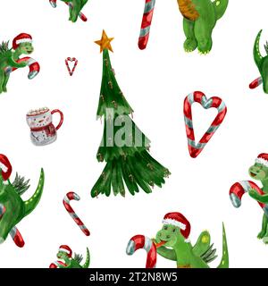 Motivo acquerello con grazioso drago in cappello di Babbo Natale rosso con dolci natalizi, torta, stella, cacao con marshmallow in tazza pupazzo di neve, stella di Natale. Simbolo Foto Stock