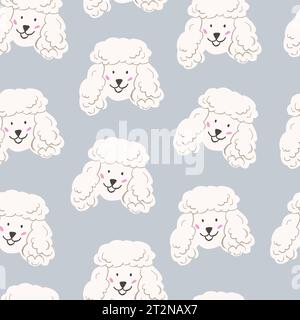 Motivo vettoriale con simpatiche facce di barboncino su blu pastello. Carino modello di cane. Motivo cane bianco senza cuciture per tessuti. Illustrazione vettoriale Illustrazione Vettoriale