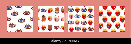 Serie vettoriale di motivi senza cuciture con occhi e cuori con fuoco. Set di motivi punk per adolescenti. Moderni modelli di giorno valentini. Schema occhi. Illustrazione vettoriale Illustrazione Vettoriale
