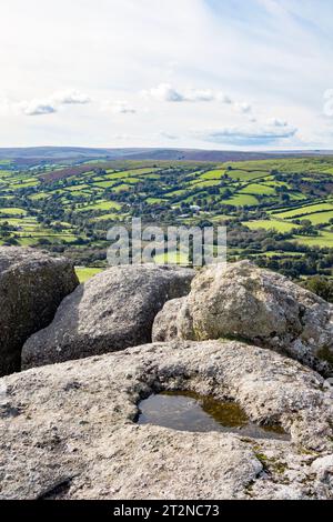 Regno Unito, Inghilterra, Devon, Dartmoor National Park. Guardando giù a Widecombe sulla brughiera da Bell Tor, su Bonehill giù con un bacino roccioso in cima. Foto Stock