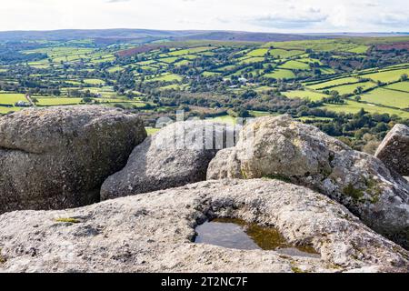 Regno Unito, Inghilterra, Devon, Dartmoor National Park. Guardando giù a Widecombe sulla brughiera da Bell Tor, su Bonehill giù con un bacino roccioso in cima. Foto Stock