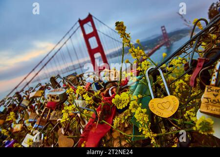 Ti amerai per sempre con un lucchetto di cuori sulla recinzione piena di promesse che si affacciano sul tramonto del Golden Gate Bridge Foto Stock