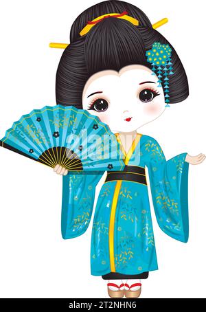 Geisha Vector Beautiful in Turchese Kimono Illustrazione Vettoriale
