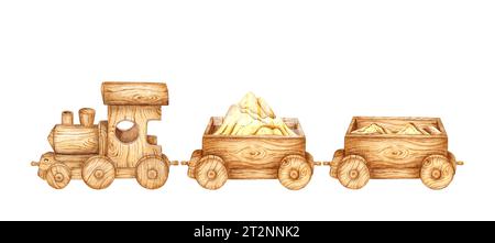 Trenino in legno giocattolo per bambini con sabbia e due vagoni. Illustrazione ad acquerello del trasporto di bambini piccoli su uno sfondo isolato. Disegno di un Foto Stock