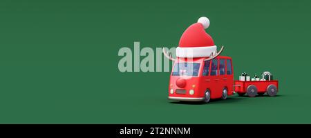 Autobus rosso con cappello di Babbo Natale e regali di Natale su sfondo verde. Illustrazione 3D Render 3D Concept per le vacanze invernali Foto Stock