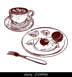 Caffè in tazza, uova strapazzate con salsiccia e pomodori, forchetta. Illustrazione vettoriale della colazione. Menu di ristoranti, caffetterie, etichette alimentari, copertine. Illustrazione Vettoriale