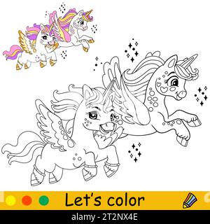 Due simpatici unicorni volanti a cartoni animati. Pagina di libri da colorare per bambini. Unicorn. Contorno nero su sfondo bianco. Illustrazione vettoriale isolata con col Illustrazione Vettoriale