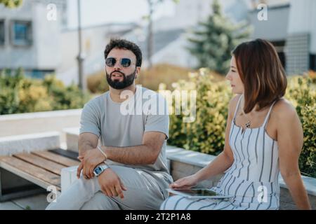 Due architetti o designer che collaborano all'aperto, discutendo progetti e project management per un moderno design di edificio. Foto Stock
