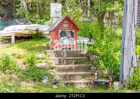 una piccola casa per lo scambio di libri in un cortile affollato pieno di probabilità e fine Foto Stock