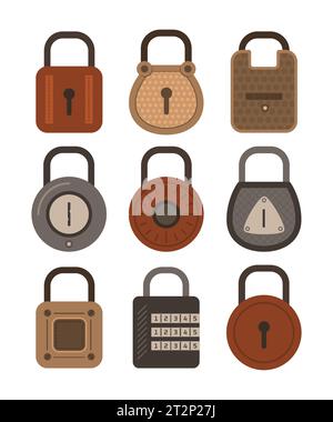 Illustrazione del set di lucchetti con design piatto in stile vintage Illustrazione Vettoriale