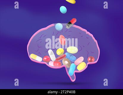 Diverse pillole colorate che cadono nel cervello su sfondo blu Foto Stock